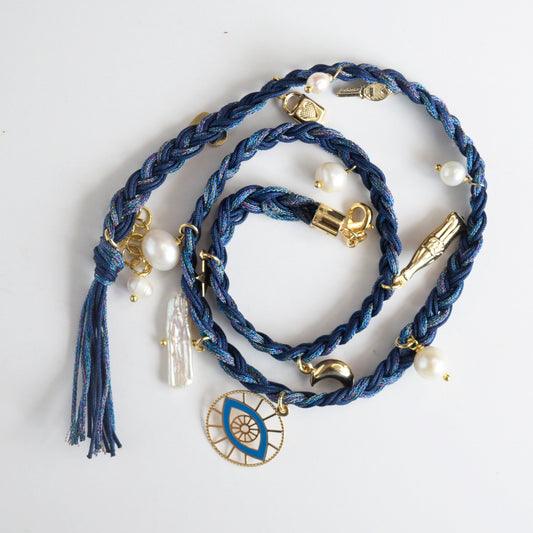 Pulsera Cordon Azul Metalico con Charms